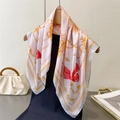 Pink silk square scarf with vintage gold chains and red bow patterns hung on a hanger - 66-70CM / Light Pink with Gray Edge