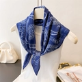 Elegant navy blue paisley silk scarf styled on a mannequin with vintage floral patterns - 66-70cm / Navy Blue