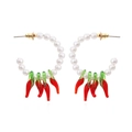 Elegant pearl C-shaped earrings with red pepper glass pendants for women stylish jewelry - Mixed Color (Red Chili and Pearl)
