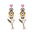 Cartoon girl earrings with colorful rhinestones and martini glass drops for women - Multicolor