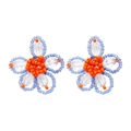 Handmade beaded floral earrings in blue and orange, bohemian style flower stud design - Blue