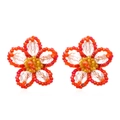 Handmade red and orange beaded floral earrings with faceted crystal center in boho style - Red