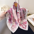 Satin silk square scarf with colorful forest print hanging on a wooden hanger - Rose Red Pink Purple Forest (FG345-4)