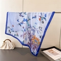 Elegant silk scarf with butterfly floral print on cream background and blue border - Blue / 70cm