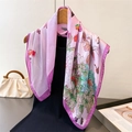 Pink silk-like square scarf with butterfly and peony print on a wooden hanger - Taro Purple / 70cm