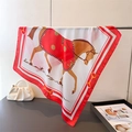 Detail of red and white equestrian silk scarf featuring horse print and chain patterns - 70x70cm / Red (FG307-1)