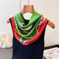 Detail of silk-satin scarf featuring forest equestrian prints and vibrant green-red tones - 66-70cm / FG305-2 Green