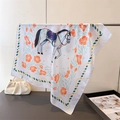 Detail of silk square scarf with white horse print and orange floral border on metal bar - 66-70cm / FG305-3 White