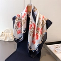 Equestrian floral silk-feel square scarf with navy border and vintage print pattern - 66-70cm / FG305-4 Black