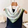 Elegant floral silk-like square scarf in light green and pink on a hanger display - 66-70CM / Green Border