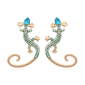 Vintage gecko drop earrings with green rhinestones and blue teardrop gems on gold metal - Gold
