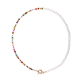Asymmetric colorful seed bead and pearl spliced necklace with gold clasp on white background - Multicolor