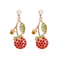 Sparkling cherry drop earrings with red crystals, green leaves, and white pearls on gold alloy - Red