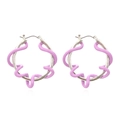 Silver-tone hoop earrings featuring lavender wavy oil-drip wrap and geometric twist design - Purple
