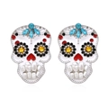 Colorful sugar skull earrings with faux pearls and rhinestones in Day of the Dead style - Silver