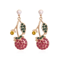Pastel cherry dangle earrings with colorful rhinestones and white pearls on gold metal - Rose Red