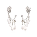 Elegant silver tassel earrings with floral leaf motifs, crystals and long pearl droplets - Silver (White K)
