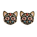 Retro cat stud earrings with black enamel and colorful crystal rhinestones on white base - Colorful