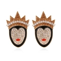 Cartoon queen earrings with gold crown and crystal embellishments on white background - Multicolor