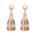 Vintage gold alloy earrings with colorful enamel wine bottle shapes and faux pearls - Rainbow