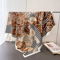 Elegant houndstooth and rose print silk scarf displayed as a stylish shawl wrap - Brown White (FN277-3)
