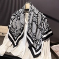 Retro black and white paisley print silk square scarf styled on a white shirt - Classic Black & White Paisley (FN274-3) / Black and Gray