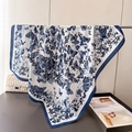 Elegant silk-like square scarf with navy blue floral butterfly patterns and solid border - 90x90cm / Navy (FU34-2)