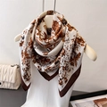 Close-up of elegant floral print silk-feel scarf with vintage butterfly patterns - 90x90cm / Coffee (FU34-3)