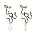 Vintage gold snake earrings with black crystals and white teardrop pearls for women - Multicolor (Gold Snake/White Pearl)