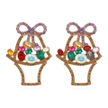 Exquisite flower basket earrings with colorful rhinestones and gold alloy hollow frames - Multicolor