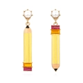 Asymmetric pencil earrings with yellow enamel, faux pearls and crystals on white background - Yellow/Mixed Colors