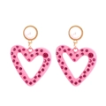 Pink heart drop earrings with crystals and pearl studs on a polished gold alloy base - Pink