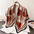 Elegant French rose print silk square scarf with vintage floral design and striped border - 90x90cm / Brown Red