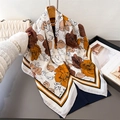 French style silk scarf with vintage rose print and striped border displayed with a bag - 90x90cm / Beige Brown