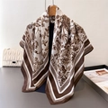 Carré de soie style français avec imprimé floral et bordure à rayures marron - Marron / 90x90cm