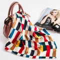 Silk satin square scarf with geometric patterns draped on a handbag for fashion styling - 50cm x 50cm / Geometric Color Block (FX-42)