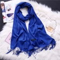Close-up of royal blue cashmere scarf with elegant fringe detail on soft faux fur - Royal Blue (FYR150-32)