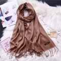 Detail shot of caramel cashmere scarf with tassels on elegant fashion background - Brown Coffee (FYR150-15)