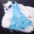 Detail of light blue cashmere scarf with fine tassels on a luxury lifestyle background - Sky Blue (FYR150-30)
