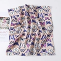 Detail view of square silk scarf featuring colorful butterfly print and fine stitched edges - 50cm x 50cm / Pink Butterfly