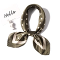 Olive green satin neckerchief with white polka dots tied in a bow on a white background - 70x70cm / Army Green