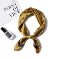 Polka dot silk satin square scarf in mustard yellow with navy blue border edges - 70x70cm / Yellow-Green