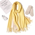 Dettaglio di sciarpa gialla con frange e guanti in pelle beige con fiocco decorativo - Stile Giallo Chiaro (WJ24-26)
