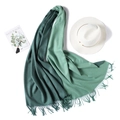 Detail of two-tone green cashmere scarf with fine fringe trim and elegant texture - Dark Green/Light Green Double-Sided Style (WJ24-1)