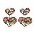 Vintage double layered heart drop earrings with colorful crystals and gold plating - Multicolor
