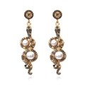 Pendientes de serpiente vintage dorados con diamantes negros y perlas blancas - Dorado