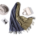 Detailed view of the thick gray-blue and olive green reversible scarf with fringe edges - Gray Blue/Olive Green Long Style (WJ24-5)