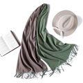 Close-up of dual-tone cashmere-style scarf with elegant tassels and wave drape texture - Brown Purple/Bean Green Style (WJ24-11)