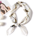 Elegant white square silk scarf featuring golden chain and tassel prints for women - White