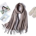 Flat lay of soft cashmere-feel scarf with tassels and leather gloves in earth tones - Light Brown/Camel Style (WJ24-12)